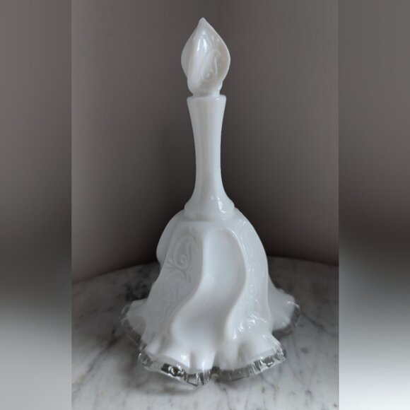 Vintage Fenton Milk Glass Bell Silver Crest Wedding Bell Paisley Pattern - Picture 2 of 4